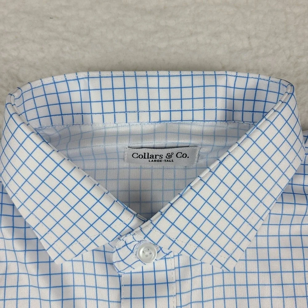 Collars & Co. Dress Polo Shirt Mens Large Tall Blue White Check Performance